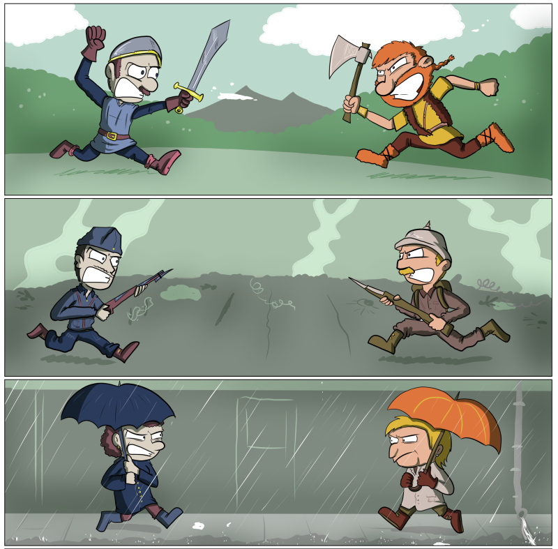 Obviamente, y aunque mi capacidad de dibujo es limitada, las señoras de la última viñeta van por la parte de la acera donde no llueve. Llevan siete ojos y dos muertos en su avance.